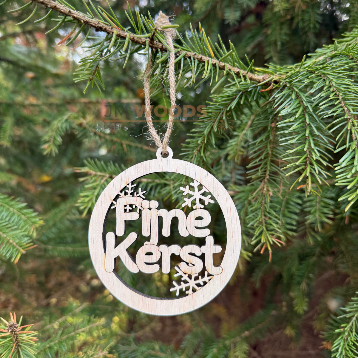 Houten Kerstbal Fijne Kerst | Met Sneeuwvlokken
