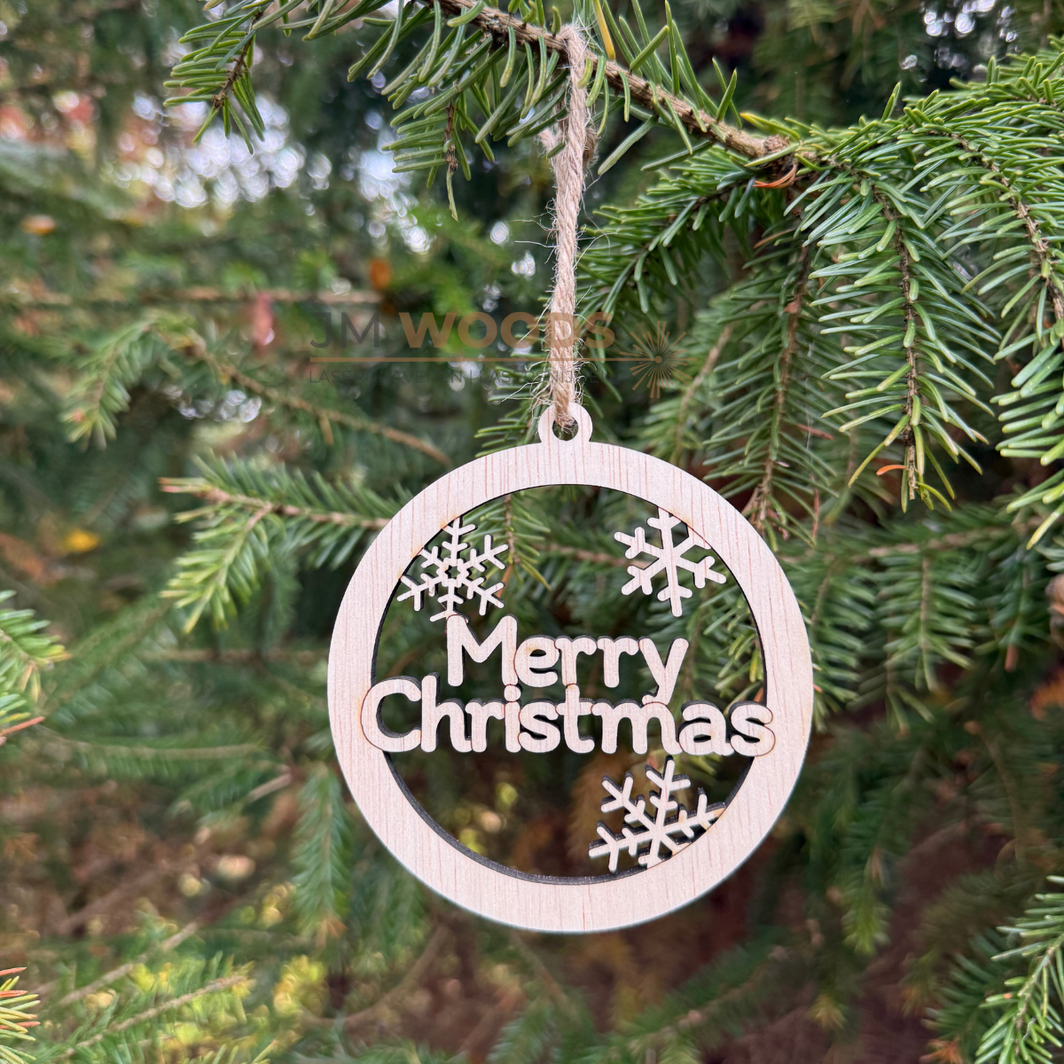 Houten Kerstbal Merry Christmas | Kersthanger met Sneeuwvlokken