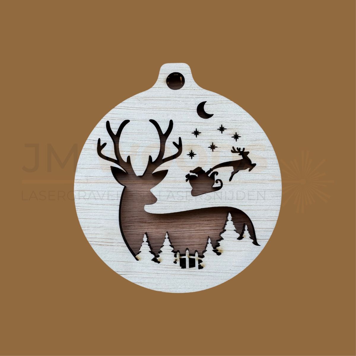 Houten Kerstbal met Rendier in Maanlicht | Kersthanger