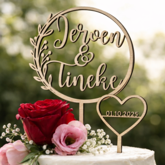 Houten Bruiloft Taarttopper met Namen en Datum – Gepersonaliseerd