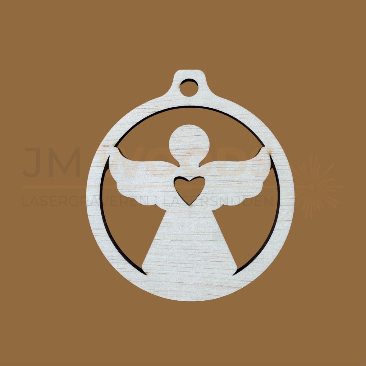 Kerstbal met Engel en hart - Houten kersthanger