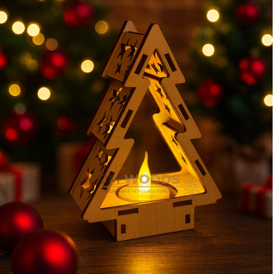 Unieke Houten Kerstboom met LED Theelicht – Handgemaakt